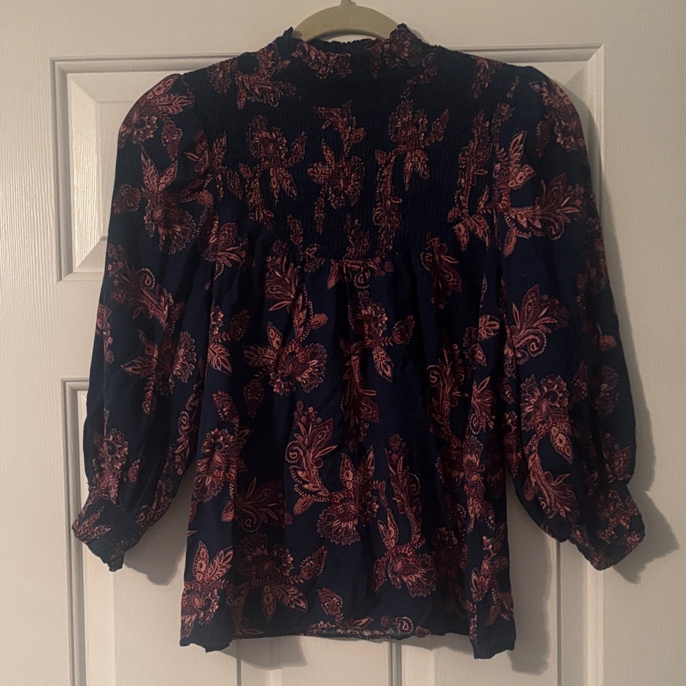 Rose & Olive Dark Blue and Pink Patterned Blouse